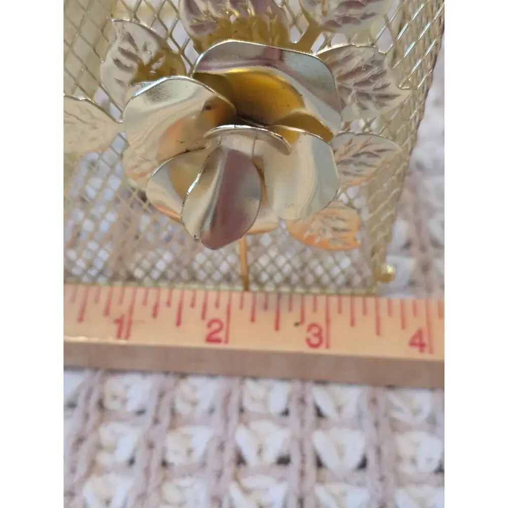 VTG MCM Metal Mesh Gold Tone Kleenex Box Cover with Rose and Leaf Design